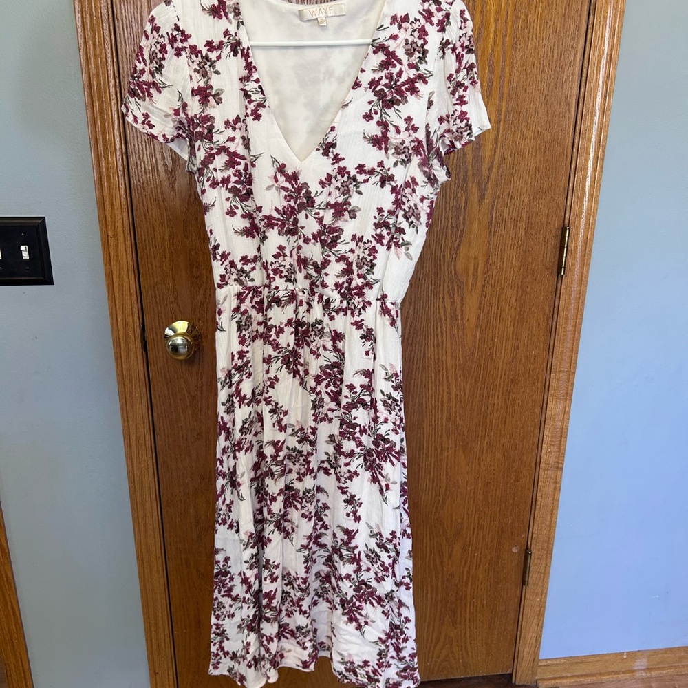 Wayf White Midi Dress with Burgundy Floral Print